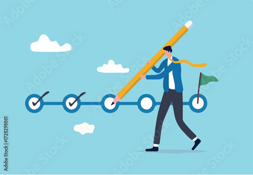 Project tracking, goal tracker, task completion or checklist to remind project progress concept, businessman project manager holding big pencil to check completed tasks in project management timeline.