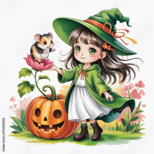 Whimsical Halloween Charm: A charming cartoon witch, adorned in a vibrant green hat, conjures a playful scene with a cute hamster perched atop a blossoming flower next to a Jack o'lantern.