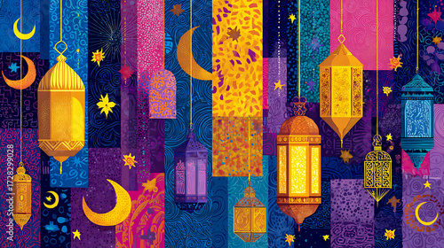A colorful Ramadan-themed artwork with patterns of moons, stars, and lanterns (3)