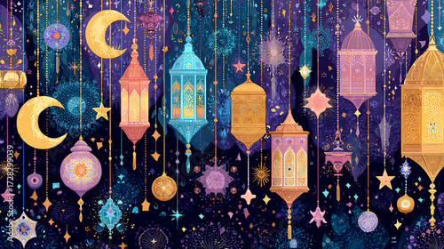 A colorful Ramadan-themed artwork with patterns of moons, stars, and lanterns