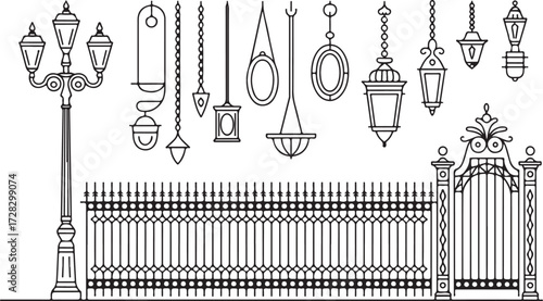 Linear Ironwork Collection Silhouette Vector Art Featuring Gates, Lamps, and Decorative Elements