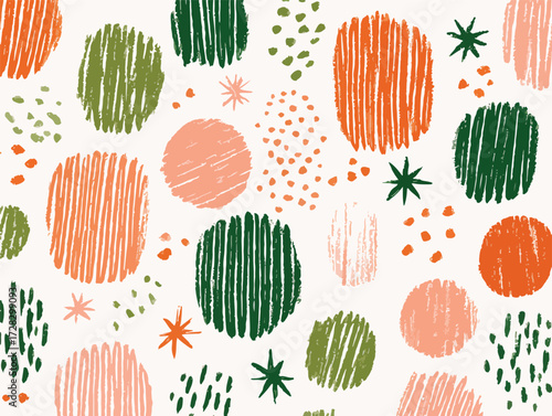 手書き風の丸と線で描かれた、温かみのある抽象的なパターンデザイン