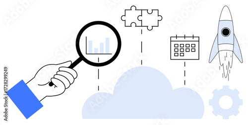 Magnifying glass analyzes cloud data, connecting puzzle pieces, calendar planning, and rocket launch. Ideal for innovation, strategy, productivity, workflow, cloud technology teamwork simple flat