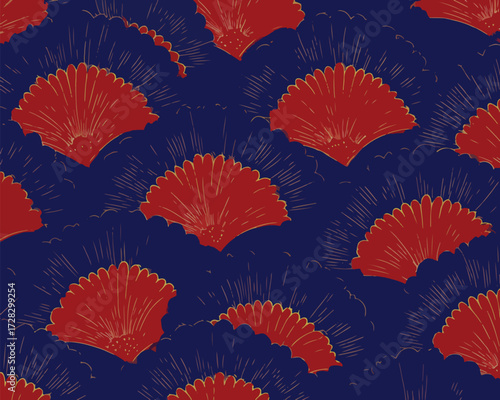 伝統的な日本の扇子模様が青と赤のコントラストで描かれた、エレガントなベクターデザイン。