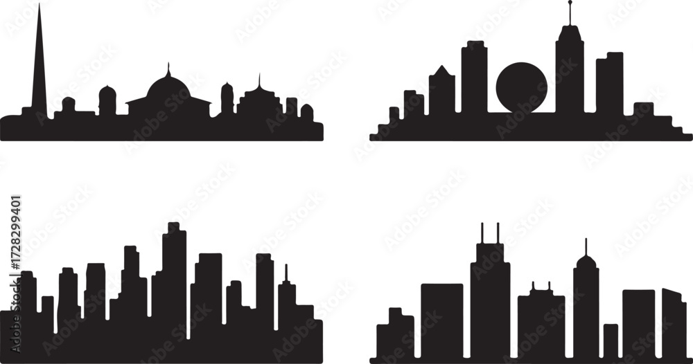 Naklejka premium City Skyline Silhouette Vector Set with Various Building Styles and Heights