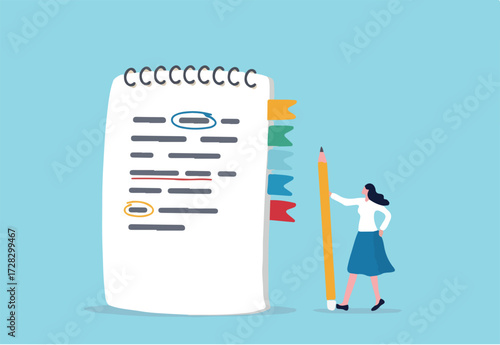 Taking note for study and work, efficiency way for important information, summary or conclusion, planning or productivity concept, young woman holding pencil with notebook or notepad for taking note