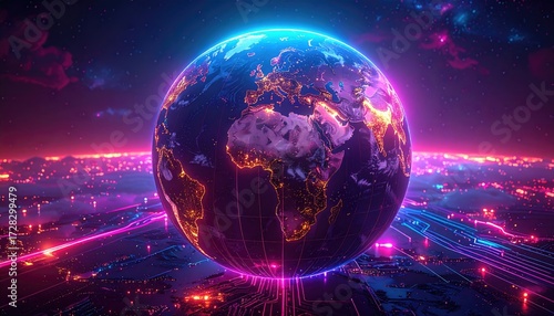 Wallpaper Mural A vibrant, digital representation of Earth, encompassed by glowing neon lines and city lights, showcasing a futuristic, interconnected world. Torontodigital.ca
