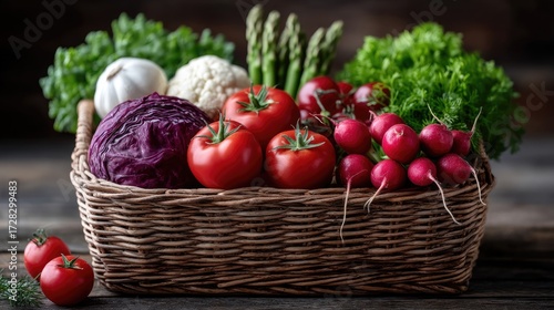 Woven Basket Filled with Fresh Vegetables on Rustic Wooden Table Surface Abundant Produce Display Including Tomatoes Lettuce Radishes and Asparagus