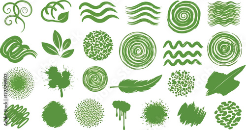 Vector art of collection of green naturethemed brush strokes, splatters, and organic shapes