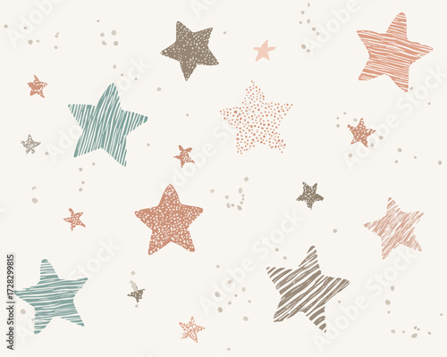 柔らかな色合いの星々が軽やかに舞う、手書き風のテクスチャ背景イラスト。