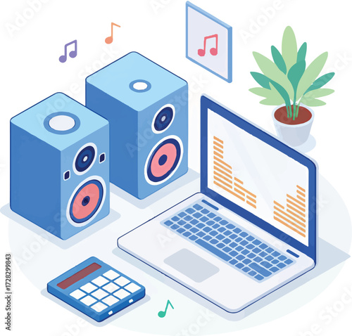 Isometric illustration of laptop with speakers and music notes, modern home workspace for digital sound and productivity