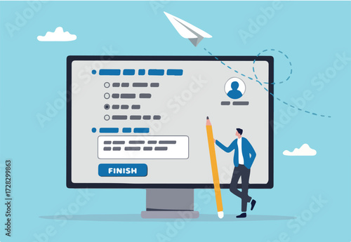 Online questionnaire survey, customer feedback choice or checklist, internet exam, opinion or comment, answer question, surveyor poll concept, man with pencil finish online questionnaire on computer