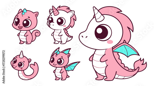 Cute Chibi Fantasy Animal Sticker Set – Baby Dragon, Tiny Unicorn, Kawaii Mermaid, Small Phoenix, Griffin, Pegasus, Fairy Cat, Cartoon Vector Icon Pack for Kids & Fantasy Fans