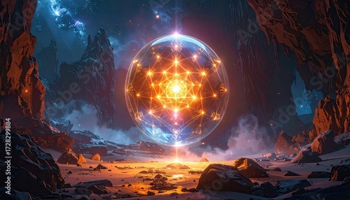 Wallpaper Mural A luminous, ethereal sphere of interconnected energy floats above a desolate, otherworldly landscape, bathed in golden light. Torontodigital.ca