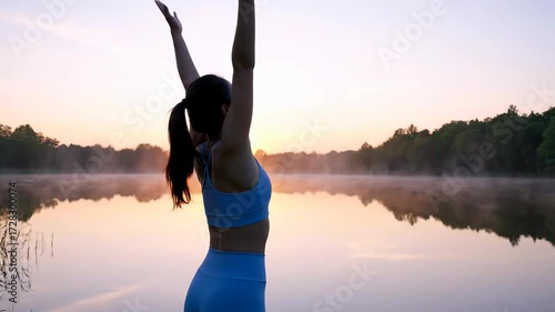 A woman practices yoga or meditation by a misty lake at sunrise, embracing calm and mindfulness in nature.