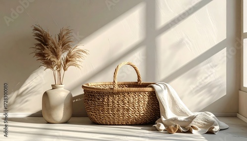 Wallpaper Mural A light-filled room displays a beige vase with pampas grass, a woven basket, and a draped white textile, creating a calming and minimalist aesthetic. Torontodigital.ca