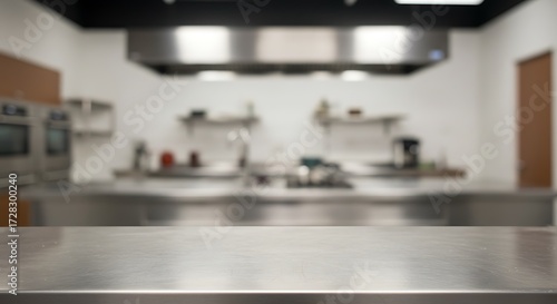 Professional commercial kitchen with stainless steel counters and equipment, ready for use for commercial usage and mockups