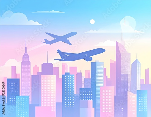 Wallpaper Mural Pastel-toned city skyline view with airplanes soaring above, evoking a sense of peace and tranquility. Torontodigital.ca