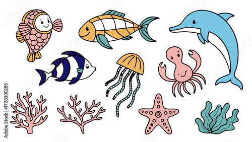 Tropical Sea Animals Vector Icon Set – Colorful Clownfish, Angelfish, Sea Turtle, Coral Reef, Starfish, Dolphin, Jellyfish, Octopus and Seahorse Stickers Pack
