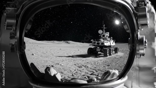View of a lunar rover on the moon's surface seen through an astronaut helmet visor under a starry sky.