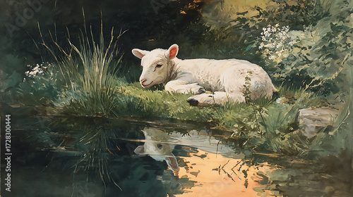 A watercolor painting of a lamb laying near a pond reflecting the setting sun (2)