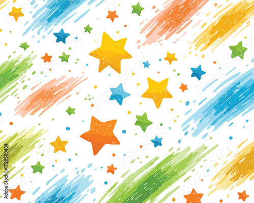 カラフルなクレヨン風の星とストロークのパターン背景、子供の絵のような楽しさと活力