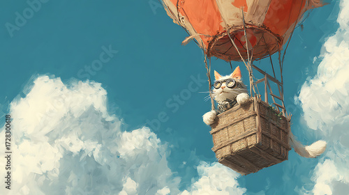 A whimsical sky-high adventure of a fantastical cat floating amidst the journey on a hot air balloon (1)