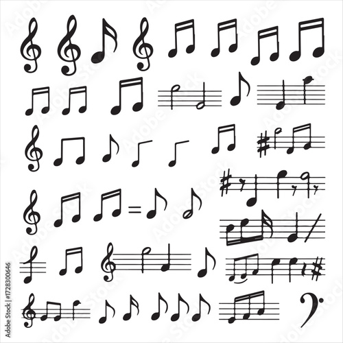 Doodle musical notes and symbols. Hand-drawn clefs, sharps, flats, rests, dynamics, and accidentals for melody, rhythm, and composition. Vector sketch isolated set.