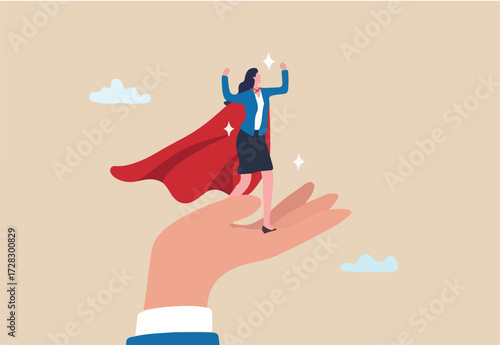 Success female entrepreneur, woman leadership or challenge and achievement concept, success businesswoman on top of career staircase holding winning flag looking for future visionary