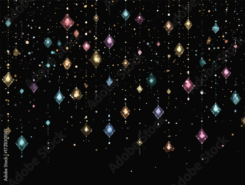 キラキラ輝く宝石が降り注ぐ幻想的な夜空のベクターイラスト