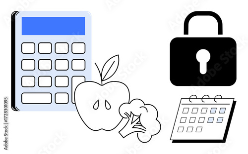 Calculator next to apple, broccoli, padlock, and calendar highlights financial planning, healthy lifestyle, security, and scheduling. Ideal for budgeting, nutrition security awareness time