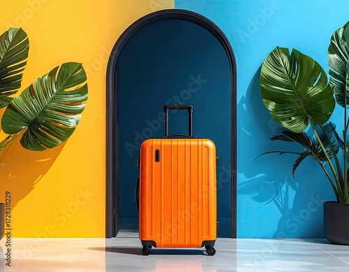 Wallpaper Mural An orange wheeled suitcase stands in an archway between bright yellow and vibrant blue walls, accented by tropical plants. Torontodigital.ca