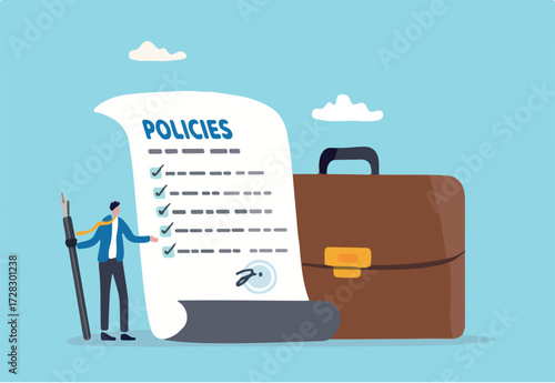 Company policies document, legal of term and services, agreement or process to follow, corporate rules or guidance concept, businessman holding pen with company policy document and business briefcase