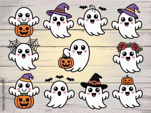 Ghostly Greetings: A delightful array of cartoon ghosts, playfully adorned with hats, pumpkin, and bats, conjuring the joyous spirit of Halloween.
