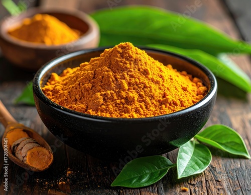 Wallpaper Mural A dark bowl of vibrant turmeric powder sits amidst fresh green leaves on a rustic wooden surface. Torontodigital.ca