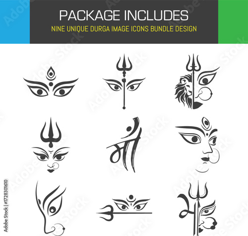 Nine unique Durga image icon designs evoking spiritual power and divine protection Minimalist black