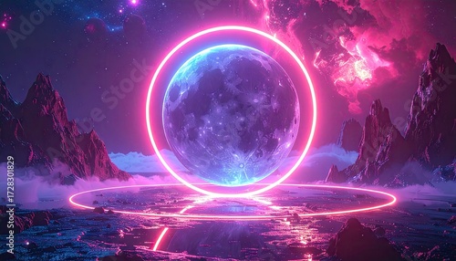 Wallpaper Mural A vibrant, otherworldly landscape showcases a glowing celestial sphere encircled by neon rings, bathed in a mesmerizing blend of pink and blue hues. Torontodigital.ca