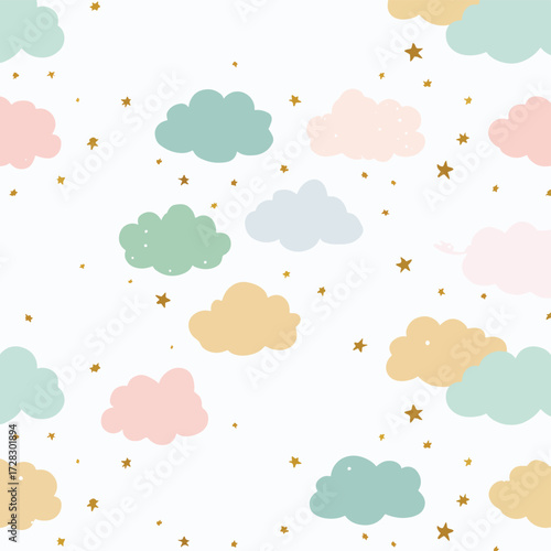 柔らかなパステルカラーの雲と星が描かれた、夢のような幻想的なベクターイラストレーション