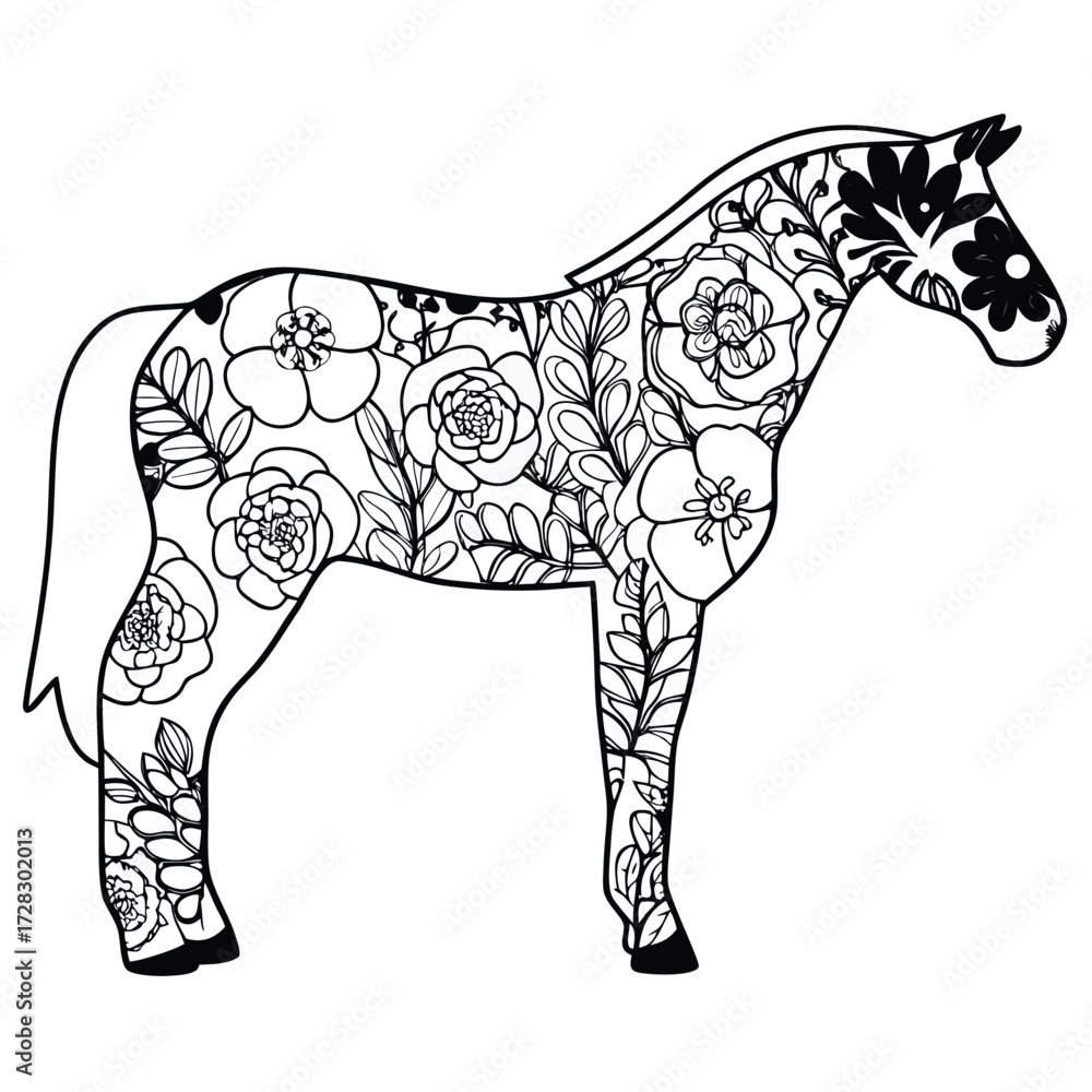 Obraz premium Black silhouette of a horse filled with floral patterns on white background flowers plants
