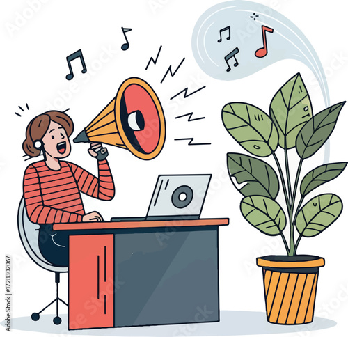 Cartoon person singing loudly to a plant through a megaphone