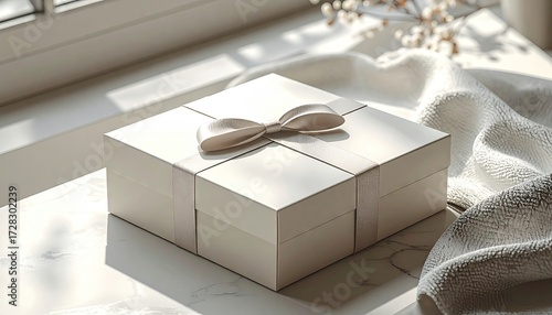 Wallpaper Mural A sophisticated, light beige gift box, beautifully presented on a marble surface, evokes a sense of elegance and understated luxury. Torontodigital.ca