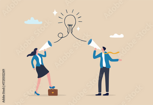 Communication message, announcement or conversation to communicate idea, information or discussion speech, advertising strategy, speaking or talk concept, business people talk on megaphone with idea