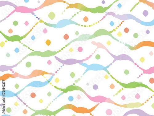 パステルカラーの波模様と水玉が重なり合う、軽やかで優しい抽象的なベクター背景