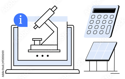 Microscope on laptop screen, calculator, and solar panel showcase science, education, engineering, renewable energy, innovation, online learning and STEM concepts. Ideal for simple flat metaphor