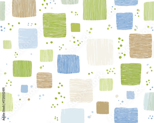 淡いパステルカラーのスクエアパターンが優しく重なり合う、手書き風のテクスチャ背景