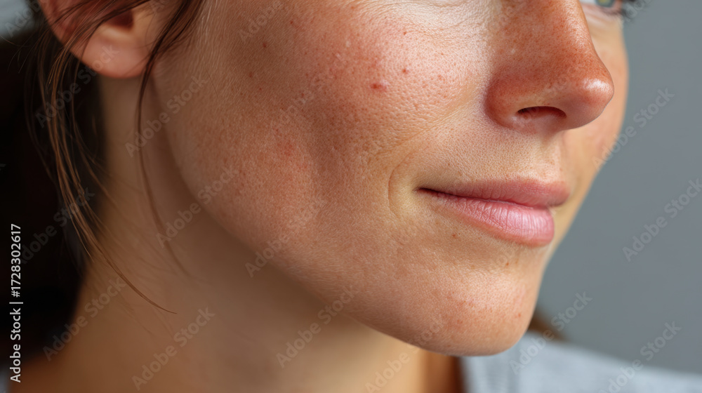 Obraz premium Close up of young woman lower face showing natural skin texture with freckles and slight smile, highlighting healthy complexion and subtle beauty in soft lighting