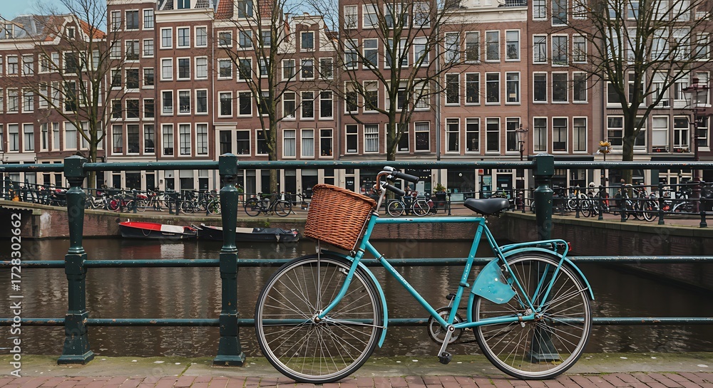 Fototapeta premium Bicycle parked on a bridge with historic buildings in the background