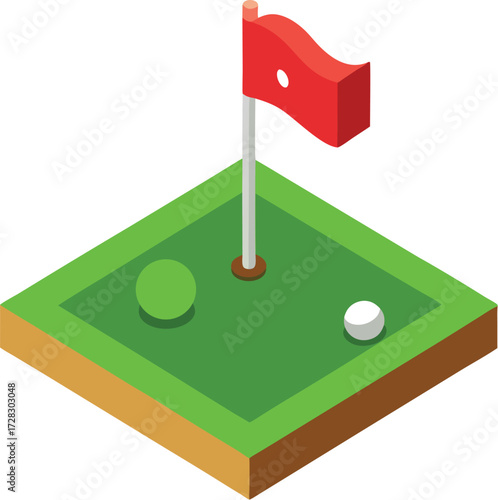 Isometric golf hole with flag and ball