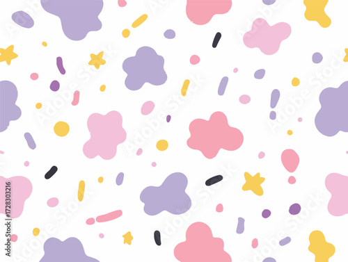 パステルカラーの抽象的な模様が散りばめられた、かわいらしいベクターパターン