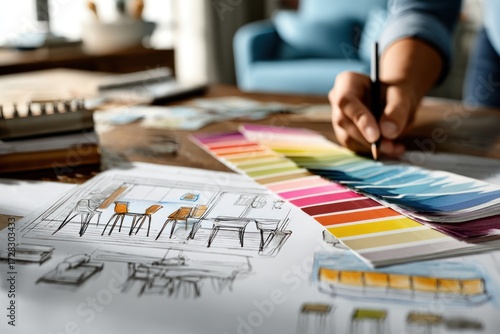 Interior design sketches with color swatches, showing a person meticulously selecting hues for a room layout.